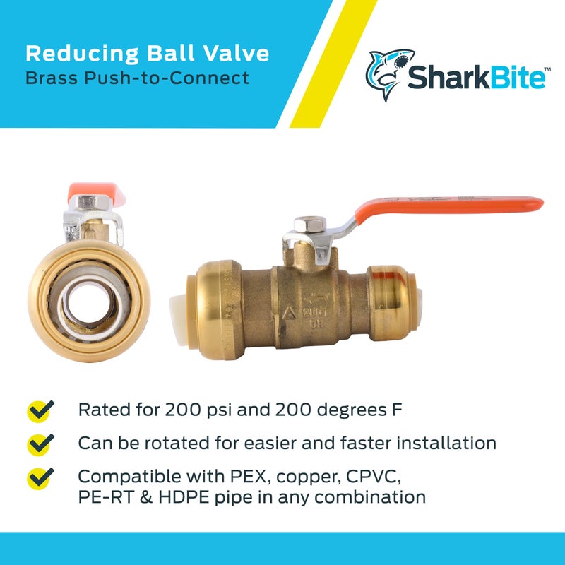 SharkBite 1 x 3/4 in PTC Reducing Ball Valve, Push-to-Connect Brass Water Shut-Off Plumbing Fitting, 22993LF - Image 4